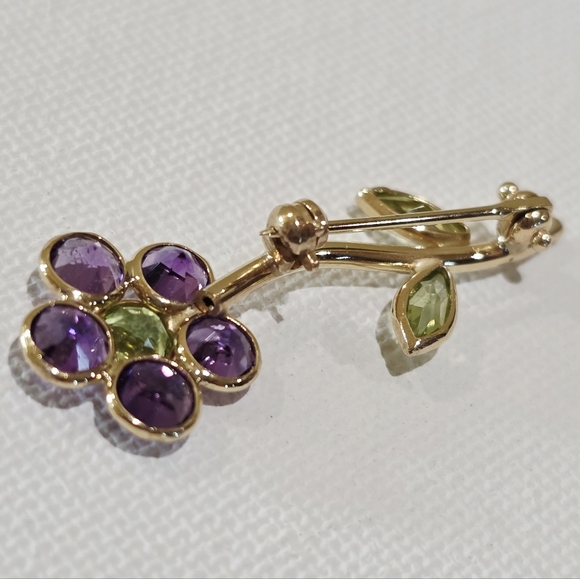Vintage 14k Yellow Gold Purple Green Gemstones Flower Beautiful Pin Brooch 1.7 g - Picture 11 of 16